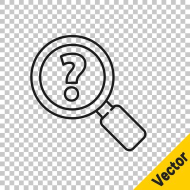 Siyah çizgi Bilinmeyen arama simgesi şeffaf arkaplanda izole edildi. Büyüteç ve soru işareti. Vektör İllüstrasyonu