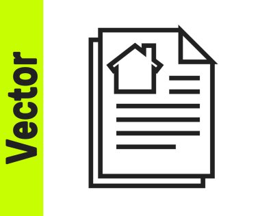 Beyaz arka planda siyah çizgi ev sözleşmesi ikonu var. Sözleşme oluşturma hizmeti, belge oluşumu, başvuru formu bileşimi. Vektör İllüstrasyonu