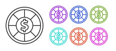 Siyah çizgi kumarhane çipleri simgesi beyaz arka planda izole edildi. Kumarhane kumarı. Simgeleri renklendirin. Vektör İllüstrasyonu