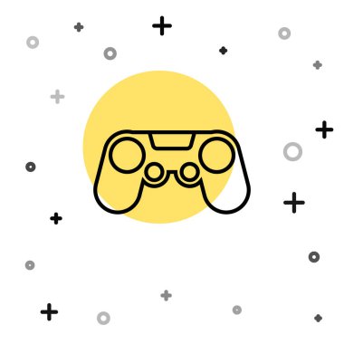Siyah çizgi Gamepad simgesi beyaz arkaplanda izole edildi. Oyun kontrolörü. Rastgele dinamik şekiller. Vektör İllüstrasyonu
