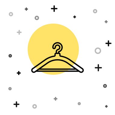 Siyah çizgi elbise askısı ikonu beyaz arka planda izole edildi. Vestiyer ikonu. Kıyafet servis sembolü. Çamaşır askı tabelası. Rastgele dinamik şekiller. Vektör İllüstrasyonu