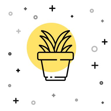 Beyaz arkaplanda siyah çizgi çiçek ikonu izole edildi. Tencerede yetişen bir bitki. Saksı bitkisi işareti. Rastgele dinamik şekiller. Vektör İllüstrasyonu