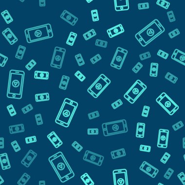 Green Line Online video simgesi mavi arkaplanda izole edilmiş. Akıllı telefon ve üzerinde oyun işareti olan film şeridi. Vektör İllüstrasyonu