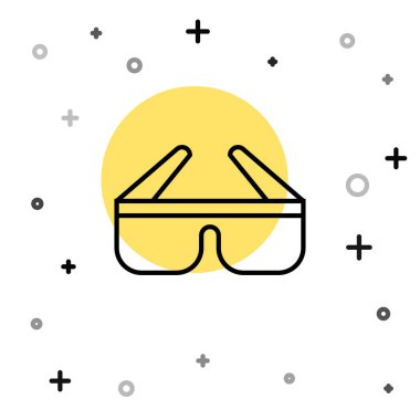 Siyah çizgi 3 boyutlu sinema gözlüğü simgesi beyaz arkaplanda izole edilmiş. Rastgele dinamik şekiller. Vektör İllüstrasyonu