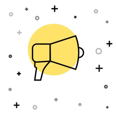 Siyah çizgi Megafon simgesi beyaz arkaplanda izole edildi. Sözcü işareti. Rastgele dinamik şekiller. Vektör İllüstrasyonu