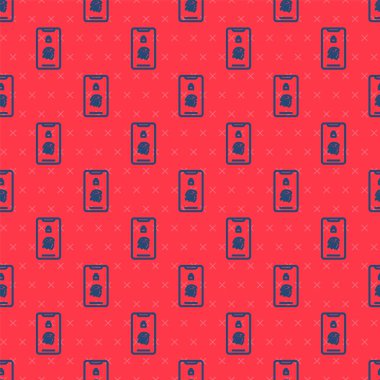 Parmak izi tarayıcı simgesine sahip mavi çizgi akıllı telefonu kırmızı arkaplanda izole edilmiş. Güvenlik kavramı, cep telefonundan kişisel erişim. Vektör İllüstrasyonu