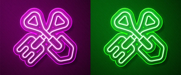 Zářící Neonová Čára Ikona Lopaty Hrábě Izolované Fialovém Zeleném Pozadí — Stockový vektor