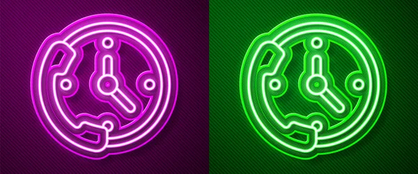 Светящаяся Неоновая Линия Телефон Часа Поддержка Значок Изолирован Фиолетовом Зеленом — стоковый вектор