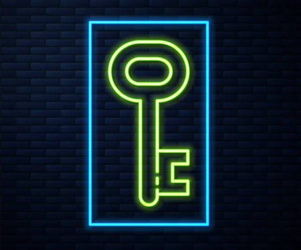 Glowing Neon Line House Key Icon Isolated Brick Wall Background — Stock Vector