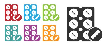 Siyah haplar beyaz arka planda izole edilmiş. İlaç paketi. Tablet, vitamin, antibiyotik, aspirin. Simgeleri renklendirin. Vektör İllüstrasyonu