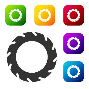 Siyah araba tekerleği ikonu beyaz arka planda izole edilmiş. Renkli kare düğmelerle simgeleri ayarla. Vektör İllüstrasyonu