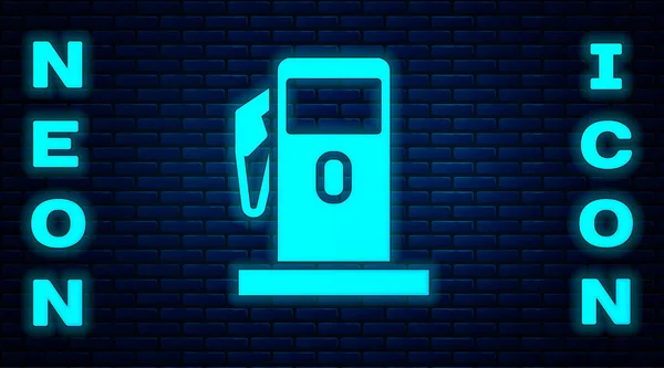 Glowing Neon Petrol Gas Station Icon Isolated Brick Wall Background — Stock Vector