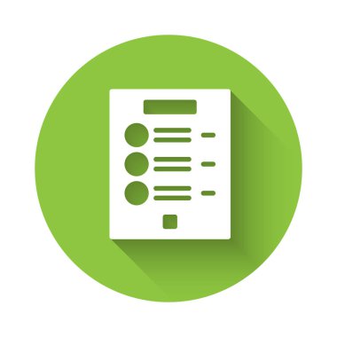 Uzun gölgeli beyaz kahve menüsü simgesi. Kafe, restoran, kafe için bir menü tasarla. Yeşil daire düğmesi. Vektör İllüstrasyonu