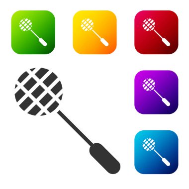 Siyah Tenis raket ikonu beyaz arkaplanda izole edildi. Spor malzemeleri. Renkli kare düğmelerle simgeleri ayarla. Vektör İllüstrasyonu
