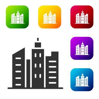 Siyah Şehir manzara simgesi beyaz arkaplanda izole edilmiş. Metropolis mimarisi panoramik manzara. Renkli kare düğmelerle simgeleri ayarla. Vektör İllüstrasyonu