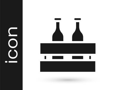 Beyaz arka planda izole edilmiş gri bira şişesi ikonu sürüsü. Tahta kutu ve bira şişeleri. Kutu bira kutusu tabelası. Vektör İllüstrasyonu