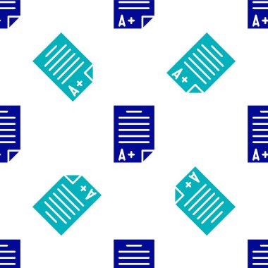 A + dereceli simge içeren mavi sınav kağıdı beyaz arka planda izole edilmiş kusursuz desen. Sınav kağıdı, sınav ya da araştırma konsepti. Sınav ya da sınav. Vektör İllüstrasyonu