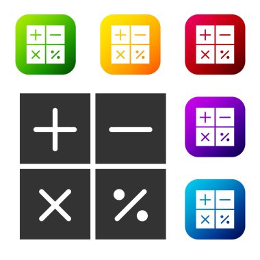 Siyah Hesap Makinesi simgesi beyaz arkaplanda izole edildi. Muhasebe sembolü. İş hesaplamaları matematik eğitimi ve finans. Renkli kare düğmelerle simgeleri ayarla. Vektör İllüstrasyonu
