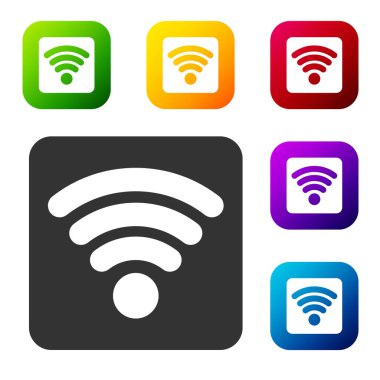 Siyah Wi-Fi kablosuz internet ağı sembolü beyaz arkaplanda izole edildi. Renkli kare düğmelerle simgeleri ayarla. Vektör İllüstrasyonu