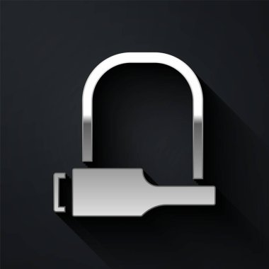 Gümüş bisiklet kilidi, siyah arka planda izole edilmiş sanayi simgesi. Uzun gölge tarzı. Vektör İllüstrasyonu