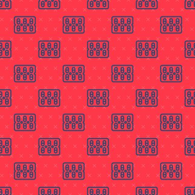 Mavi çizgi hapları kırmızı arka planda izole edilmiş ikon şeklinde. İlaç paketi. Tablet, vitamin, antibiyotik, aspirin. Vektör İllüstrasyonu