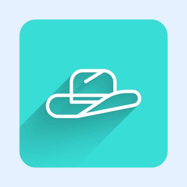 Beyaz çizgi batı kovboy şapkası ikonu uzun gölgeli izole edilmiş. Yeşil kare düğmesi. Vektör İllüstrasyonu