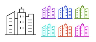 Beyaz arkaplanda siyah çizgi şehir manzarası ikonu izole edildi. Metropolis mimarisi panoramik manzara. Simgeleri renklendirin. Vektör İllüstrasyonu