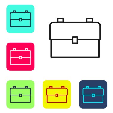 Siyah çizgi okul sırt çantası simgesi beyaz arkaplanda izole edildi. Renkli kare düğmelerle simgeleri ayarla. Vektör İllüstrasyonu