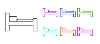 Siyah çizgi yatak simgesi beyaz arkaplanda izole edildi. Simgeleri renklendirin. Vektör İllüstrasyonu