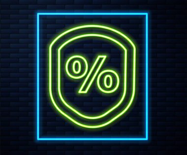 Parlayan neon hattı kredisi yüzde ikonu tuğla duvar arkasında izole edildi. Koruma kalkanı işareti. Kredi yüzdesi sembolü. Vektör İllüstrasyonu