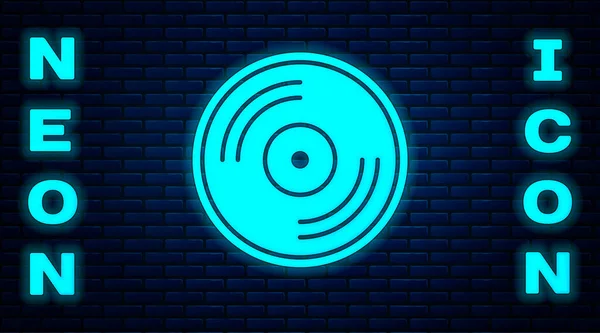 Gloeiende Neon Vinyl Disk Icoon Geïsoleerd Bakstenen Muur Achtergrond Vector — Stockvector