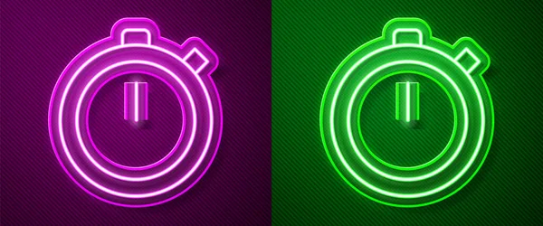 Luminosa Icona Neon Linea Cronometro Isolato Sfondo Viola Verde Timer — Vettoriale Stock