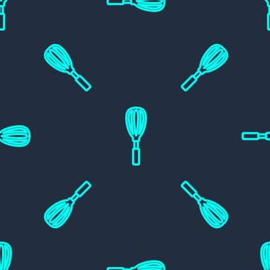 Yeşil çizgi Mutfak çırpma simgesi mavi arkaplanda izole edilmiş kusursuz desen. Mutfak aletleri, yumurta çırpıcı. Çatal bıçak seti. Yemek karışımı sembolü. Vektör İllüstrasyonu