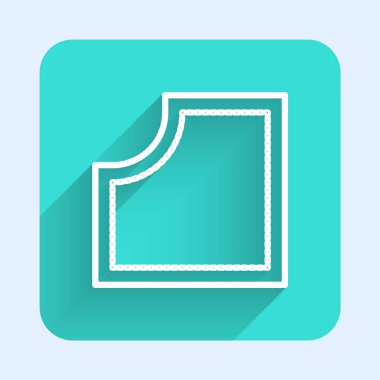 Beyaz çizgi dikiş kalıbı simgesi uzun gölgeli izole edilmiş. Dikiş için işaretler. Yeşil kare düğmesi. Vektör İllüstrasyonu