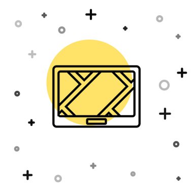 Harita simgesine sahip siyah çizgi GPS cihazı beyaz arkaplanda izole edildi. Rastgele dinamik şekiller. Vektör İllüstrasyonu