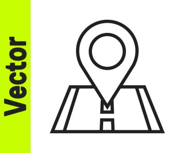 Siyah çizgi harita pin simgesi beyaz arkaplanda izole edildi. Navigasyon, işaret, konum, harita, GPS, yön, yer, pusula, arama konsepti. Vektör İllüstrasyonu