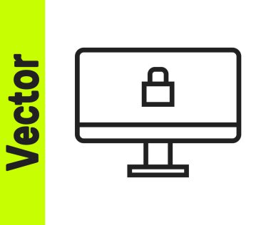 Bilgisayar monitörü simgesindeki siyah çizgi kilidi beyaz arkaplanda izole edildi. Güvenlik, güvenlik, koruma kavramı. Güvenli bir ağ. Vektör İllüstrasyonu