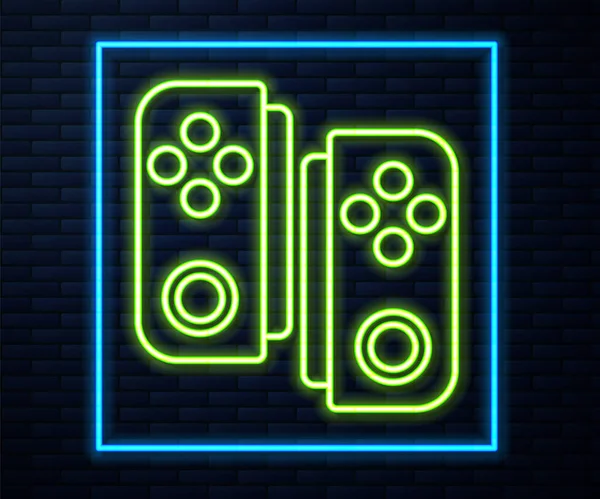 Glowing neon line Gamepad icon isolated on brick wall background. Game controller.  Vector Illustration