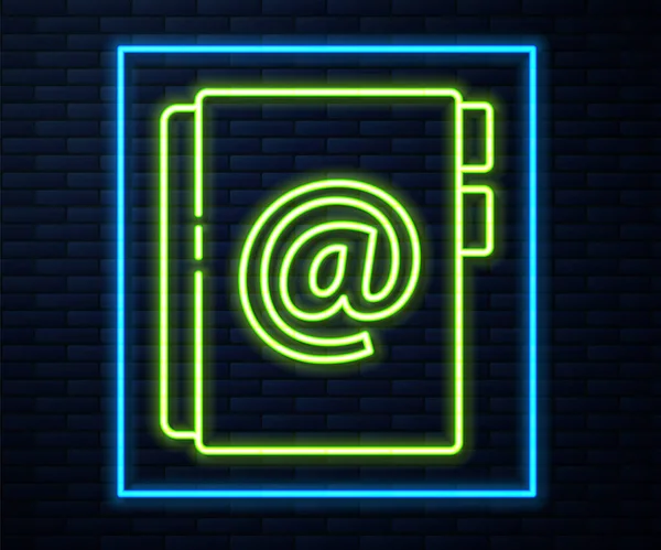 Glowing Neon Line Address Book Icon Isolated Brick Wall Background — Stock Vector