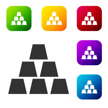 Beyaz arkaplanda siyah altın çubuk simgesi izole edildi. Bankacılık işi konsepti. Renkli kare düğmelerle simgeleri ayarla. Vektör İllüstrasyonu