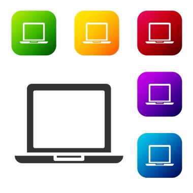 Beyaz arkaplanda siyah dizüstü bilgisayar simgesi izole edildi. Boş ekran işaretli bilgisayar defteri. Renkli kare düğmelerle simgeleri ayarla. Vektör İllüstrasyonu
