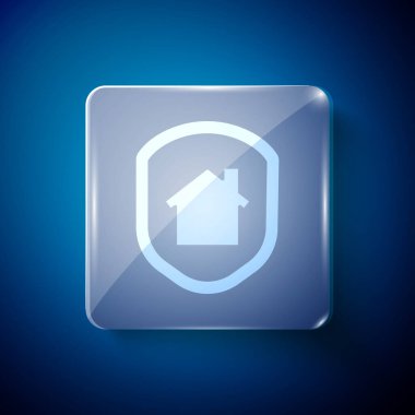 Beyaz Saray 'ın koruma ikonu mavi arka planda izole edildi. Ev ve kalkan. Koruma, güvenlik, güvenlik, koruma, savunma konsepti. Kare cam paneller. Vektör İllüstrasyonu