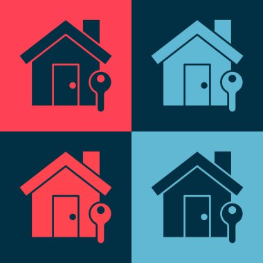 Renk arkaplanında anahtar simgesi olan Pop Sanat Evi. Ev anahtarının konsepti. Vektör İllüstrasyonu