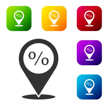 Beyaz arka planda yüzde yüz indirim simgesine sahip siyah konum. Para konumu simgesi. İş ve yatırım konsepti. Renkli kare düğmelerle simgeleri ayarla. Vektör İllüstrasyonu