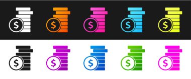 Siyah ve beyaz arkaplanda dolar sembolü simgesi olan bozuk para ayarlayın. Bankacılık işareti. Para sembolü. Vektör İllüstrasyonu