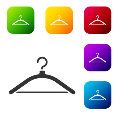 Siyah Askı giysi ikonu beyaz arka planda izole edildi. Vestiyer ikonu. Kıyafet servis sembolü. Çamaşır askı tabelası. Renkli kare düğmelerle simgeleri ayarla. Vektör İllüstrasyonu