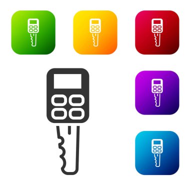 Uzaktan kumandalı siyah araba anahtarı beyaz arkaplanda izole edilmiş. Araba anahtarı ve alarm sistemi. Renkli kare düğmelerle simgeleri ayarla. Vektör İllüstrasyonu