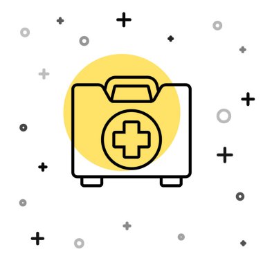 Siyah çizgi ilk yardım çantası simgesi beyaz arkaplanda izole edildi. Haçlı sağlık kutusu. Acil durumlar için tıbbi ekipman. Sağlık sigortası konsepti. Rastgele dinamik şekiller. Vektör İllüstrasyonu