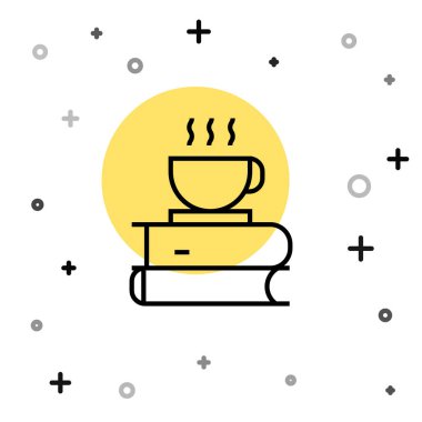 Siyah çizgi kahve fincanı ve kitap ikonu beyaz arka planda izole edilmiş. Çay fincanı. Sıcak içecek kahvesi. Rastgele dinamik şekiller. Vektör İllüstrasyonu