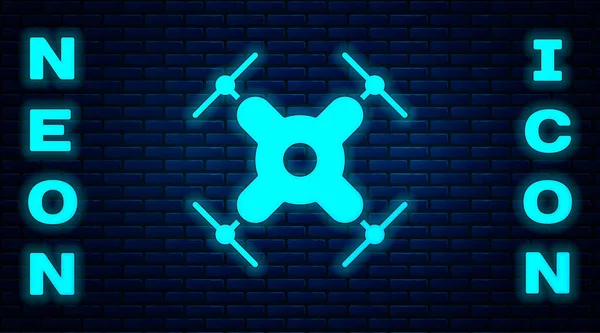 Žhnoucí Neon Dron Létající Ikona Izolované Cihlové Zdi Pozadí Quadrocopter — Stockový vektor